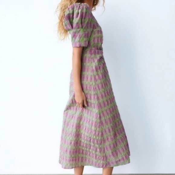 Zara Green Purple Plaid Print PuffBalloon Sleeve Ruched V-Neck MidiDress - Picture 2 of 5